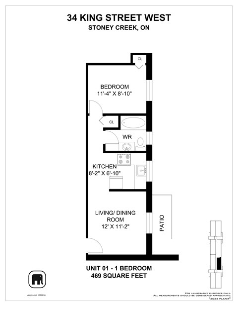 A floor plan for a one bedroom apartment at 34 King Street West.